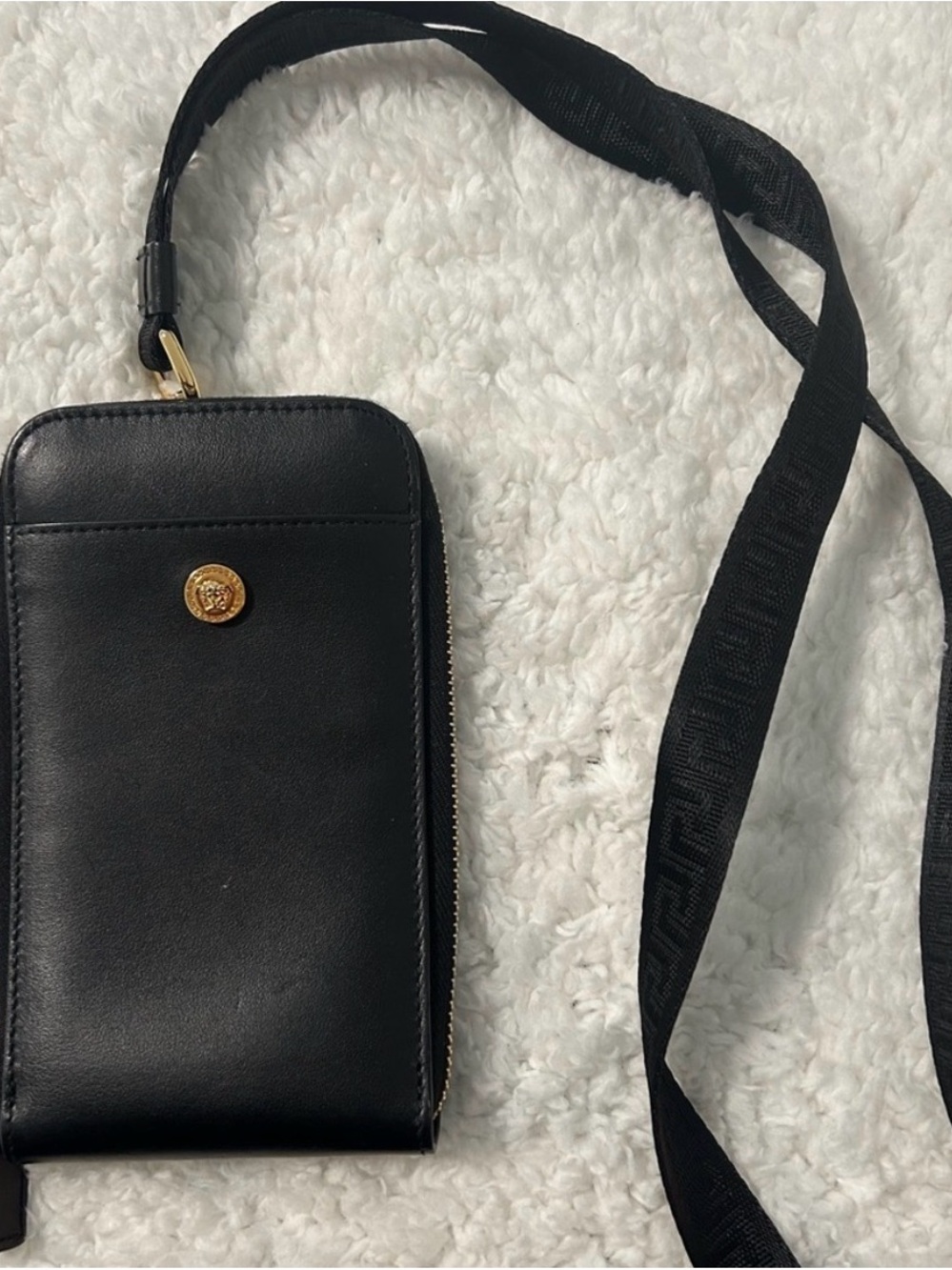 Versace Black Leather Crossbody Phone Pouch with Gold Medallion